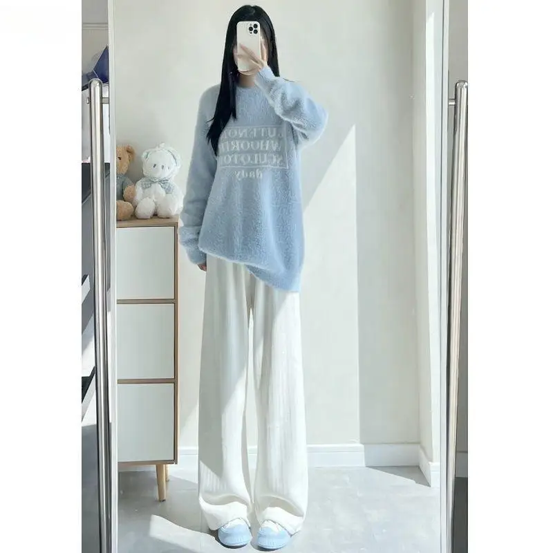 بنطال ذو قصة أرجل واسعة امرأة عادية المرأة الخريف محبوك عمودي مضلع Trackpants الحد الأدنى الكبار استرخاء الراحة الحضرية مصممة Ins #3