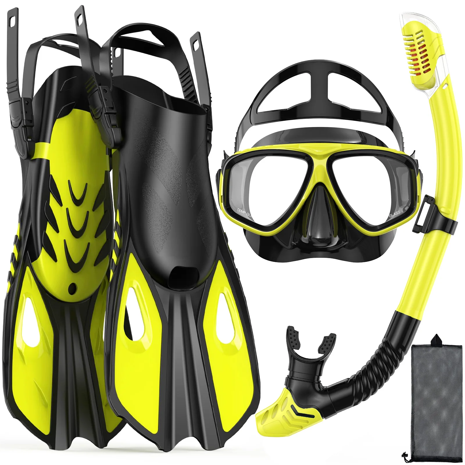 Maskenflossen, Schnorchelset, 4-in-1, Panoramablick, Trockenoberteil, verstellbar, kurze Tauchflossen, Reisetasche, Tauchausrüstung, Tauchen, Schwimmen, Erwachsene – Detail 15