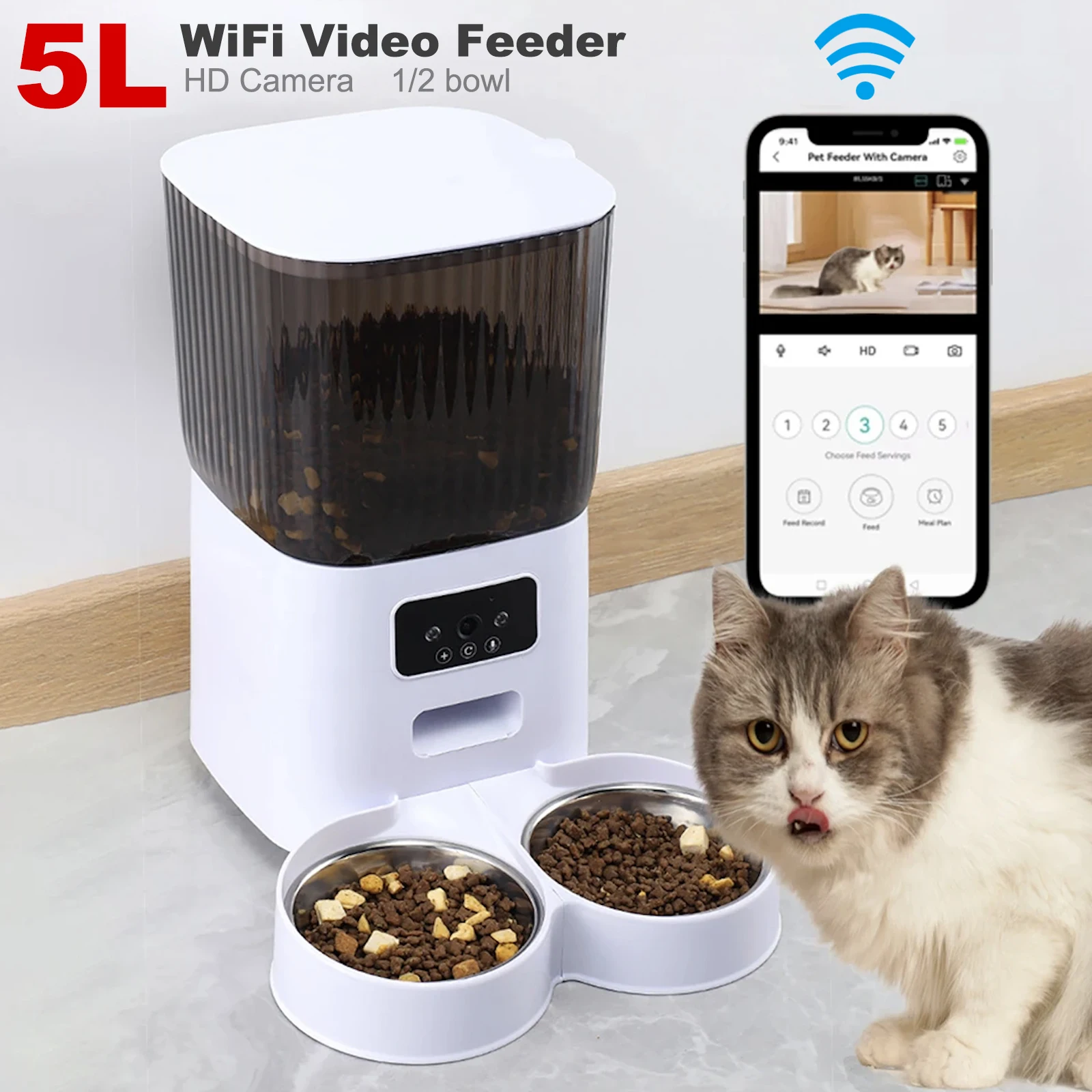 

5L Auto Cat Feeder with HD Camera Smart Interactive Pet Remote Control WiFi Timer Water Fountain Filter for Cat Automatic Feeder