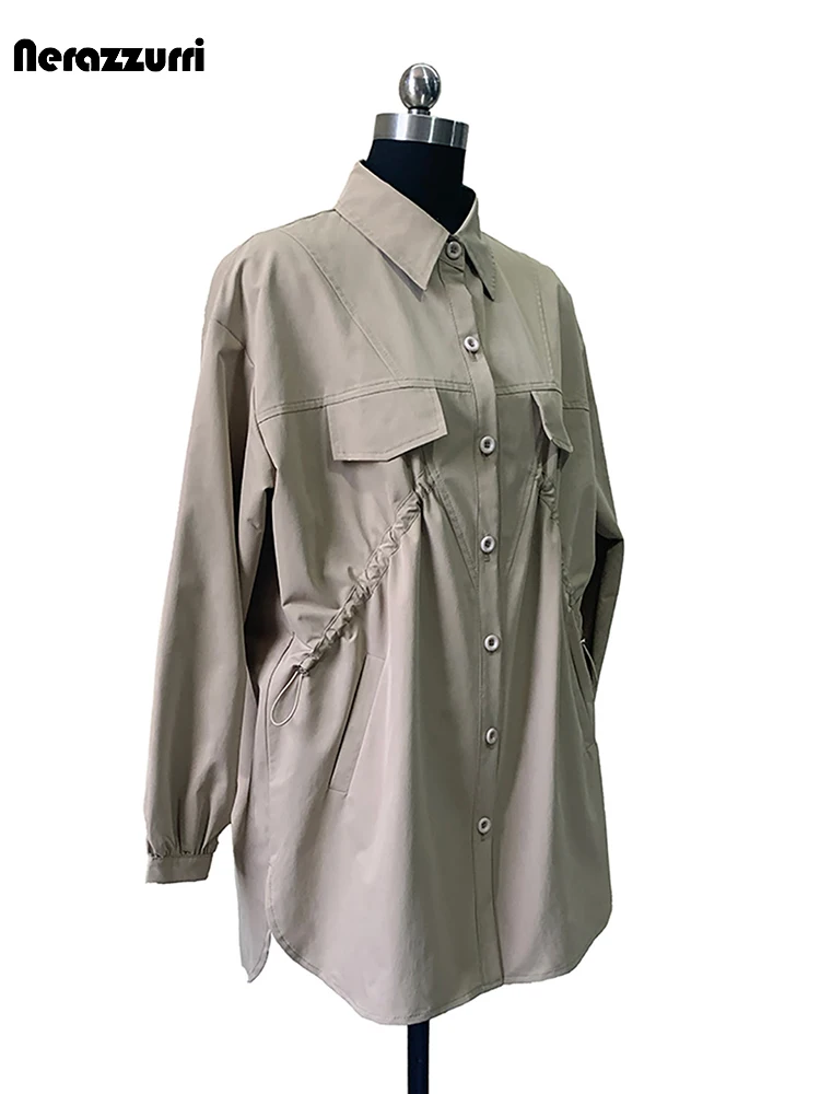 Nerazzurri Spring Autumn Light Khaki Shirt Jacket Women with Drawstring Waist Turn-Down Collar Chic Luxury Designer Clothes 2026