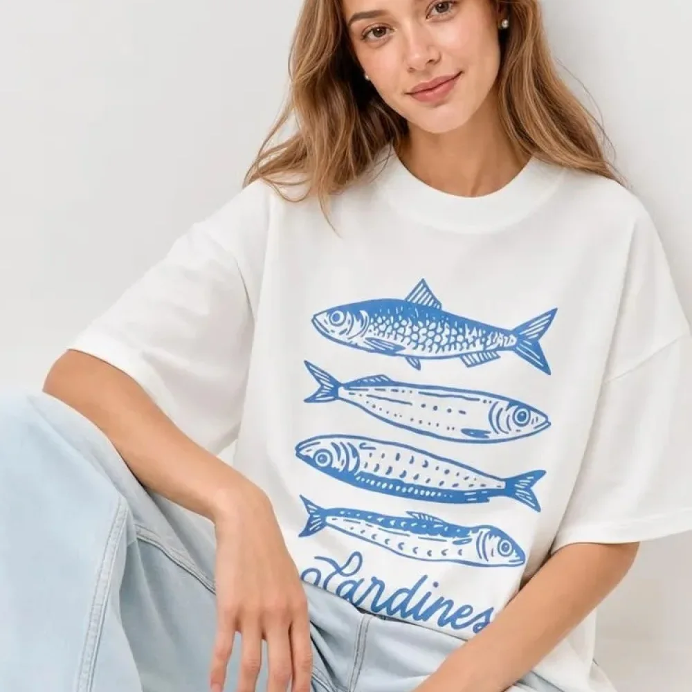 Breathable Cotton T Shirt Summer Loose Fit Marine Life Print Casual Crewneck Short Sleeve Soft Comfortable Stylish Tee