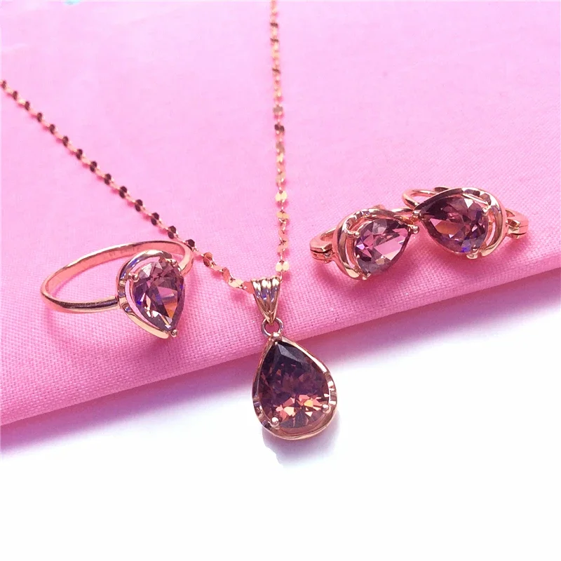 Plated 14K Rose Gold Water Drop Amethyst Jewelry Sets Romantic Delicate Earrings for Women Wedding Ring Necklace