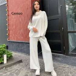 Winter Two Piece Set Women's Knitted Suit Trouser Oversize Loose Sweaters Jogging Warm Knitted Tracksuit Pants Knitwear Suit