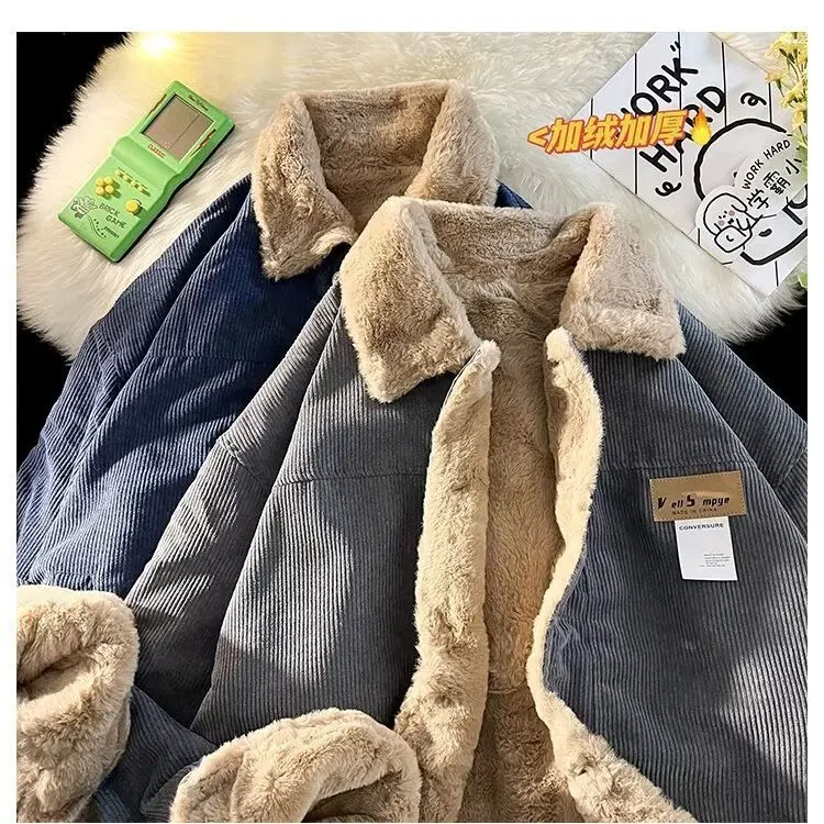 

Retro Japanese Sle Lamb Fur Jaet Men's Winter Thiened Floing Collar Label Design Cotton Coat Long Loose Fit Casual