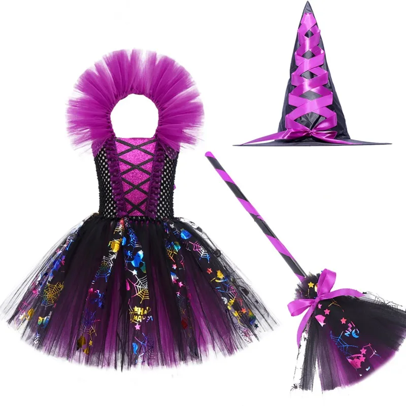 

Kid Girls Halloween Witch Costume Halter Neck Carnival Cosplay Dress with Pointed Hat and Broom Roleplay Party Dress Up Clothes