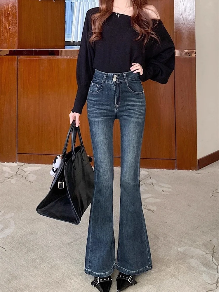 

Retro American Style Faded Elastic Denim Jeans Women's Slimming High Waist Bell Bottom Floor Length Pants Versatile Spring