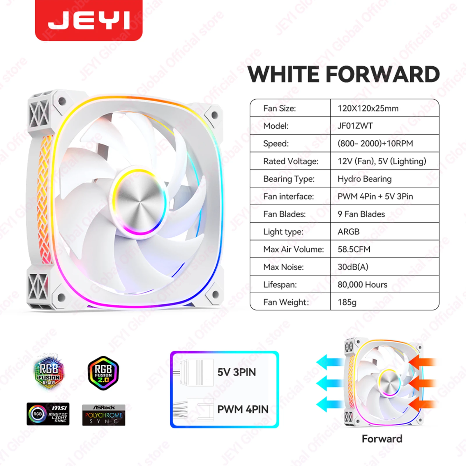 JEYI 120MM PC-ventilator ARGB koelventilator PWM ventilatoren 30dB(A) geluidsarme Divine Light synchrone 5V3Pin kastkoeler ventilator voor gaming PC-kast