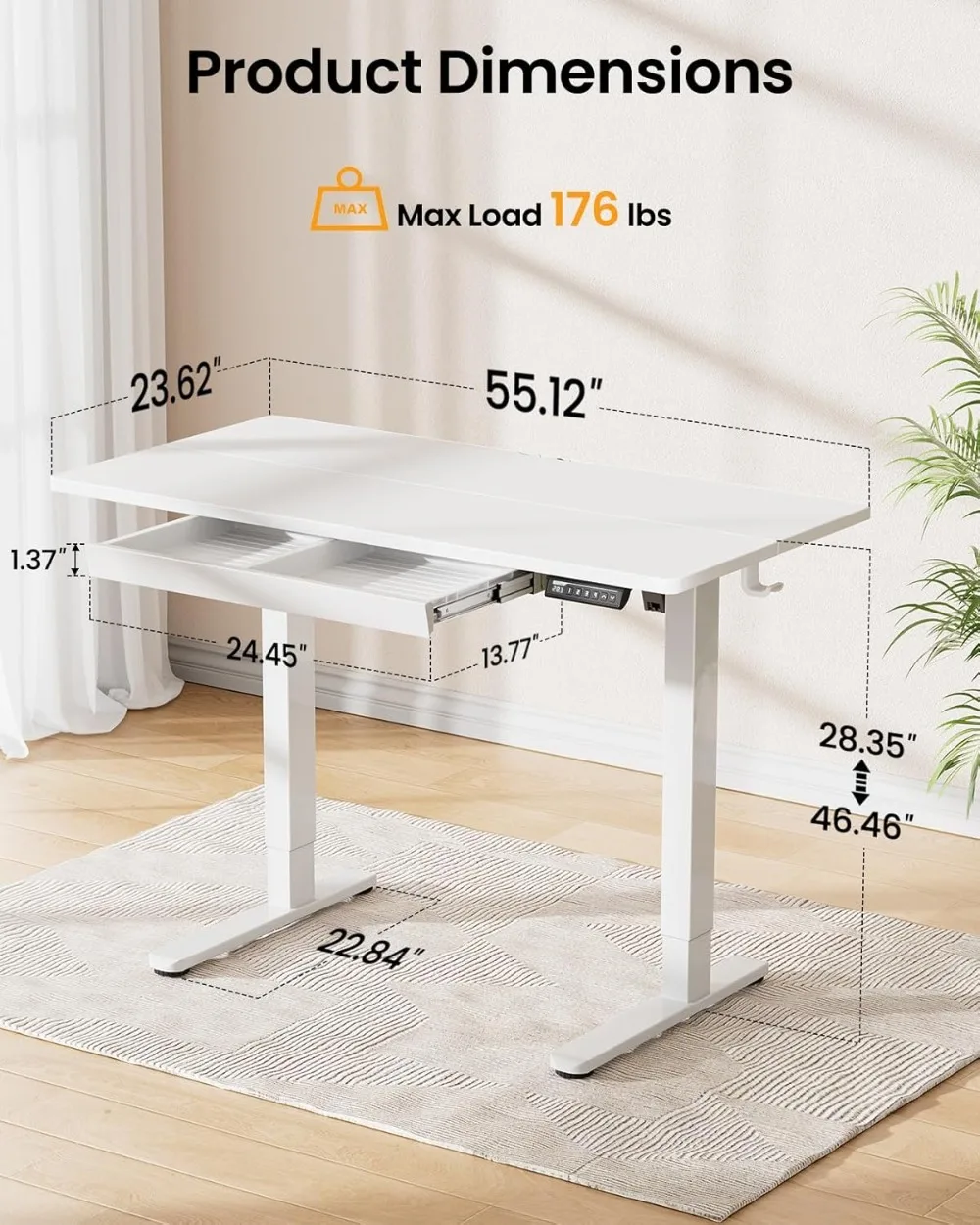 ErGear Standing Desk with Drawer, 55 x 24 inch Electric Height Adjustable Desk with 4 Preset Heights & 2 Storage Hooks, Sit