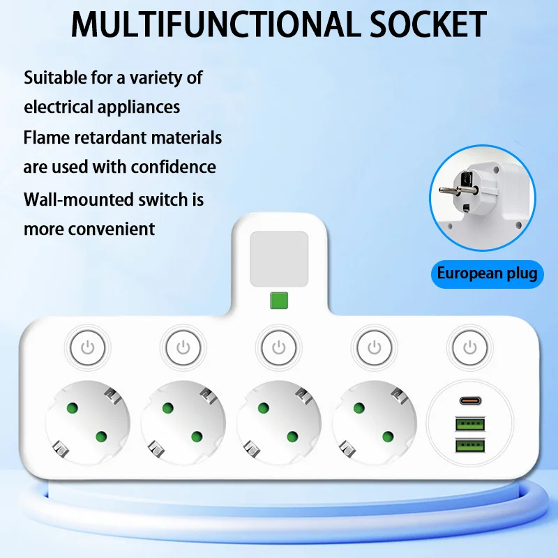 European-Style European Standard Socket Black And White With Small Night Light One-Turn Four USB-C Charging Conversion Socket