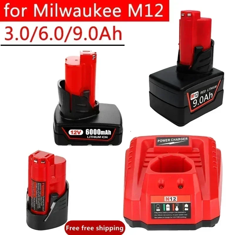 

12V Battery 3Ah 6Ah 9Ah Rechargeable Battery For Milwaukee M12 XC Cordless Tools 48-11-2402 48-11-2411 48-11-2401 MIL-12A-LI