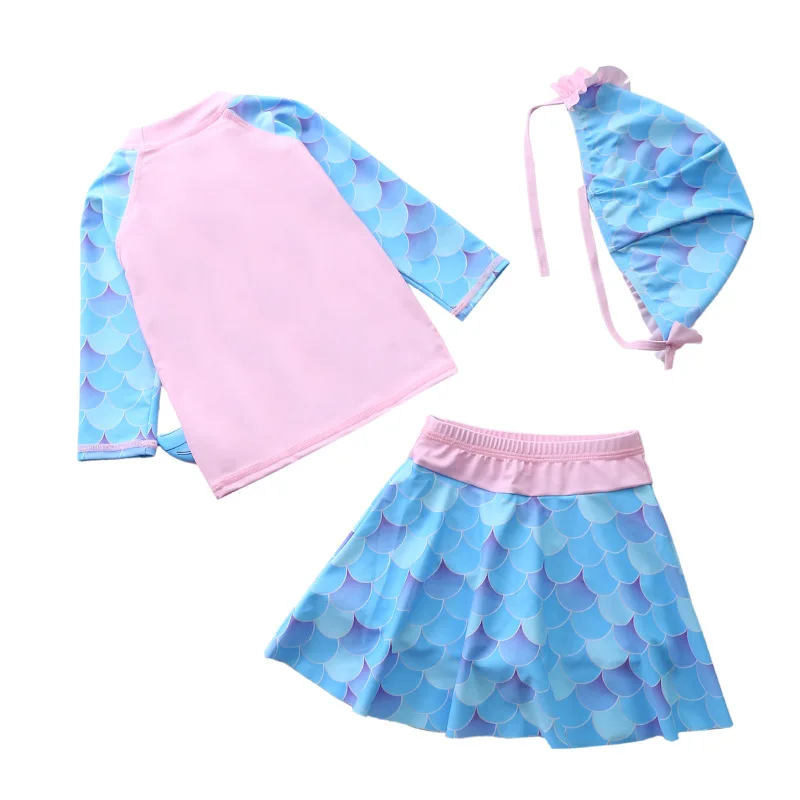 HappyFlute Three Piece Set 7-24kg Baby Mermaid Prints Long Sleeve With Cute Lace Cap Girls Stereoscopic Fishtail Boxers Swimsuit