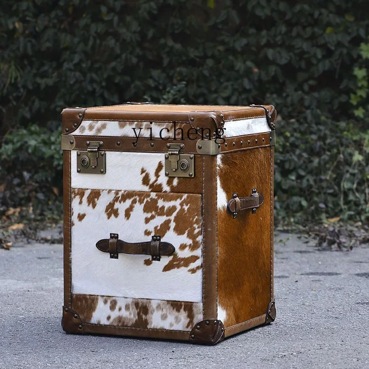 American milk cowhide box coffee table rural retro bedside table edge leather
