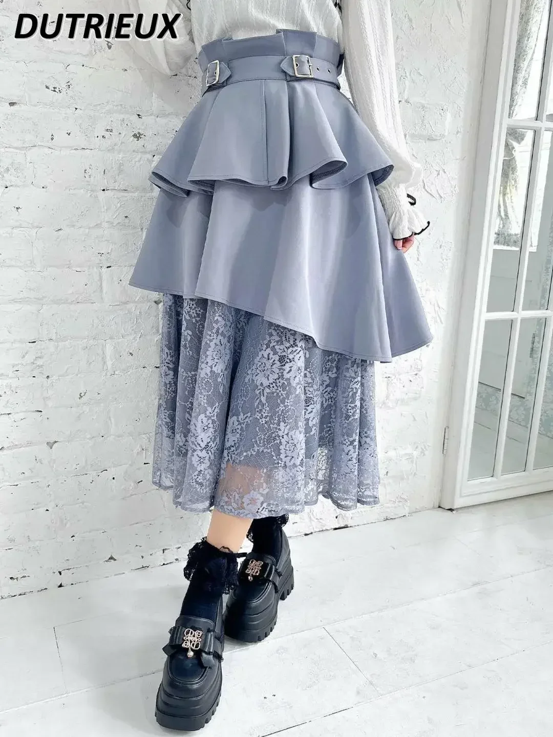 Lolita RJ Japanese Style Lace Mid-length Skirt Irregular Belt Versatile High Waist Buckle Double Layer Women's Casual Skirts