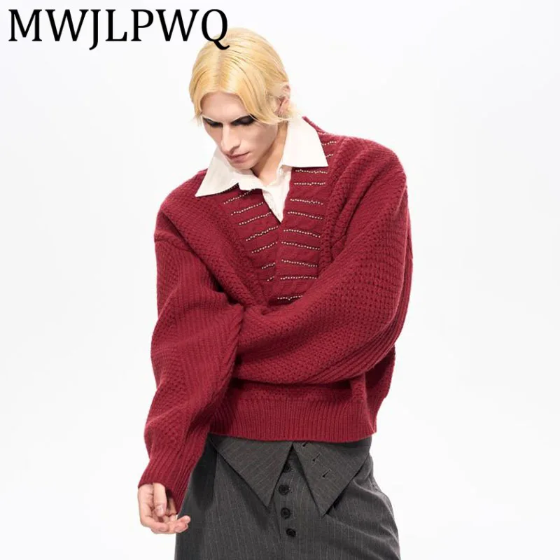 

MWJLPWQ 2025 Новый поддельный двухсекционный мужской свитер с v-образным вырезом, осень-зима, высококачественный толстый вязаный кардиган, топы для мужчин, модные 12787