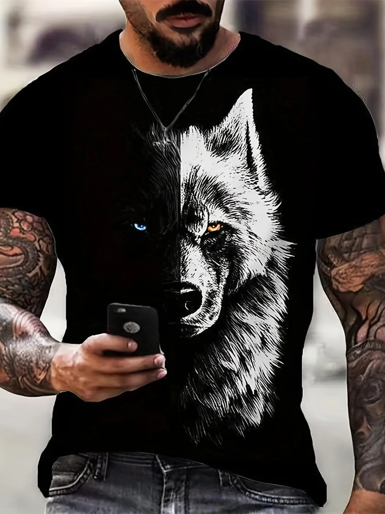 Summer men\'s T-shirt 3D printed animal wolf fashion trend short sleeved casual comfortable plus size round neck top