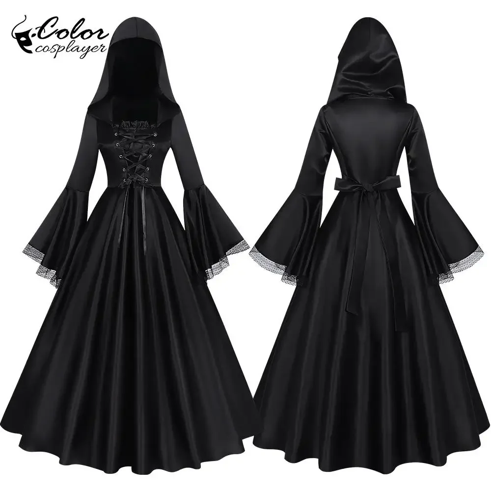 Vestido de Halloween, disfraz de bruja negra, bata de novia fantasma, vestido Medieval con capucha para mujer, vestido largo gótico, ropa europea