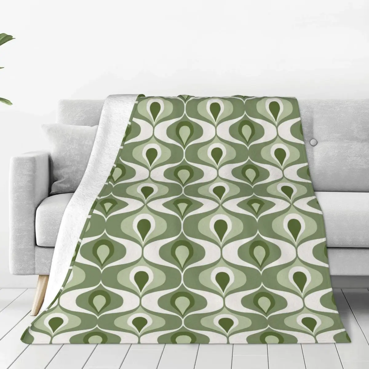 70s Midcentury Ogee Ovals Sage Green Blankets Flannel Super Soft Sofa Throw Blankets For Couch Bedding Throws Bedspread Quilt