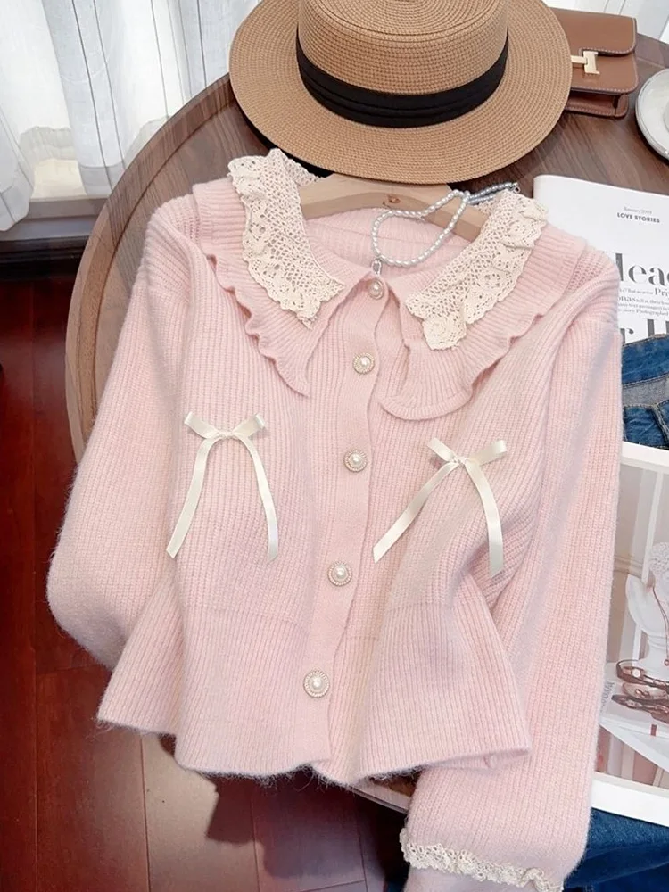 

Sweet Elegant Bow Cardigan Sweaters Women Cute Lace Patchwork Long Sleeve Knitted Korean Vintage Lady Pearls Buttons Tops