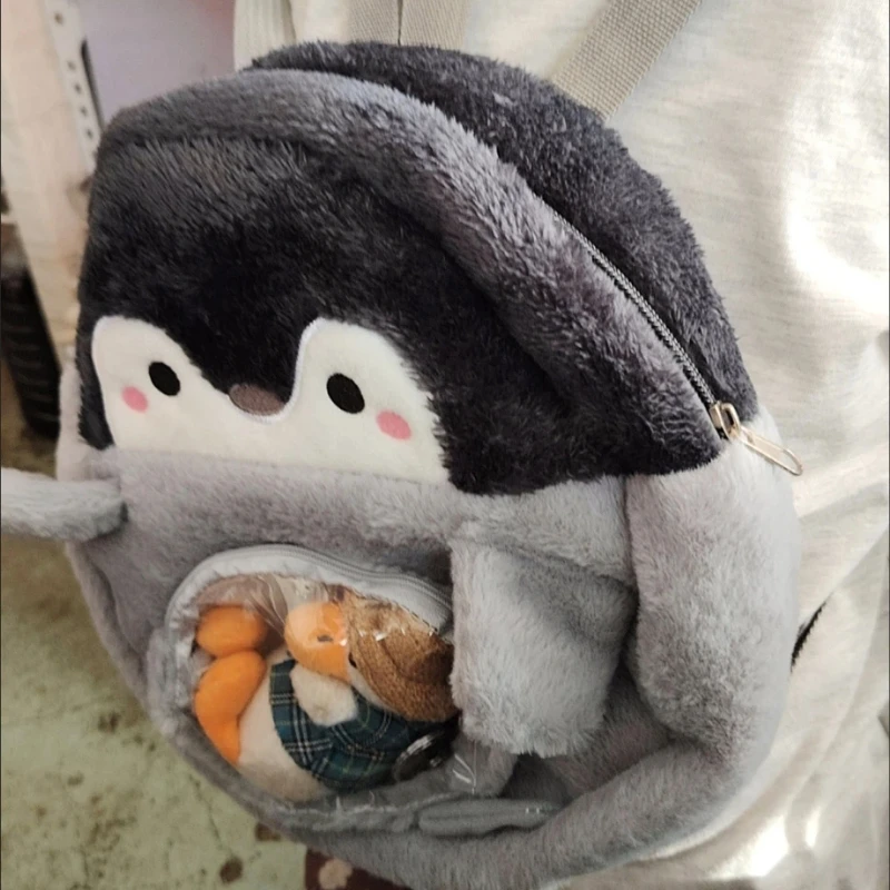 Plecak z pingwinem z kreskówki, uroczy plecak dla dziewczynki, torba na lalkę, pluszowa lalka, mini plecak, plecak z lalką z kreskówki, zabawny krótki pluszowy plecak, prezent