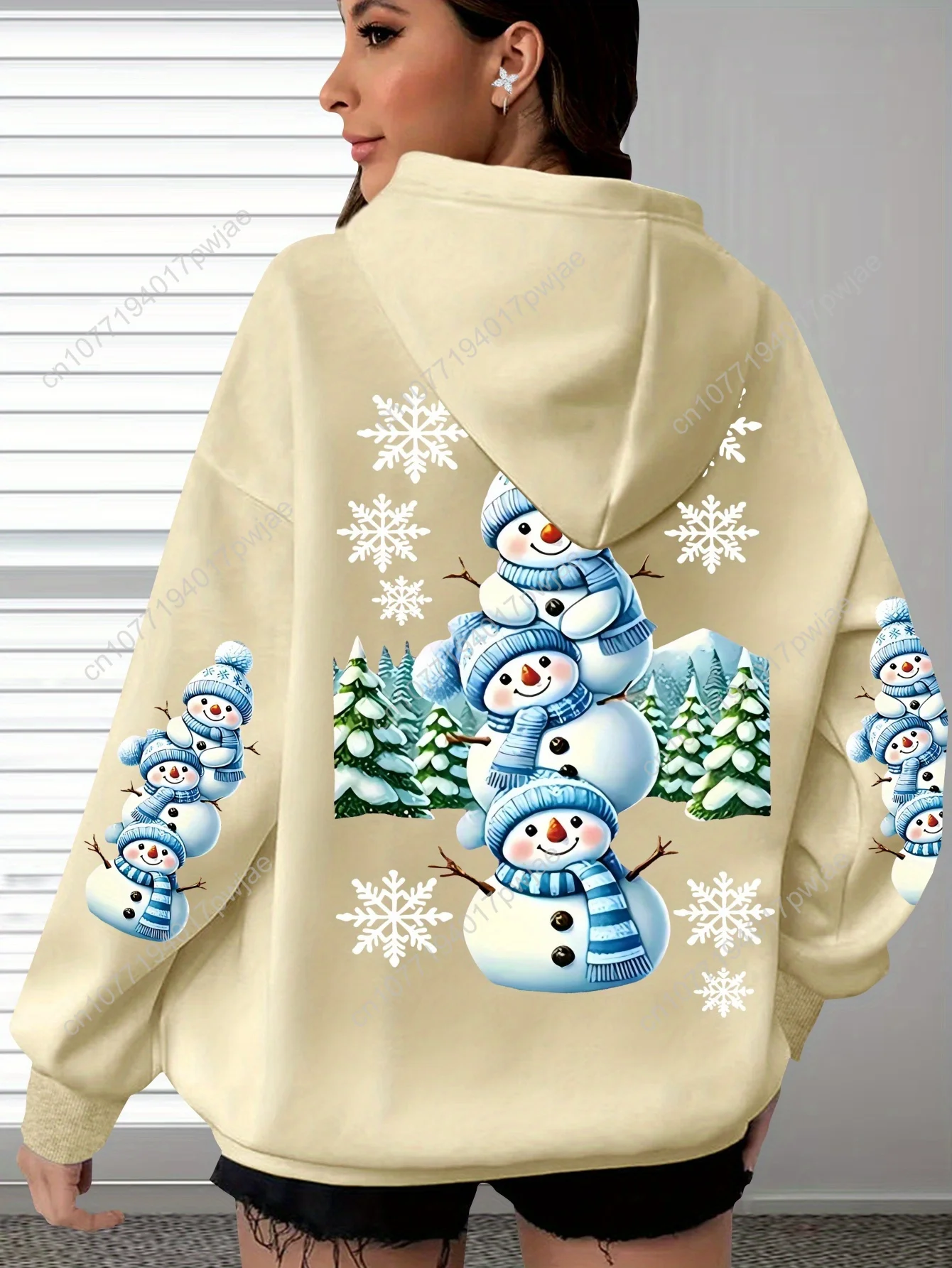 Felpa con cappuccio casual con stampa pupazzo di neve taglie forti - Felpa con tasca a marsupio a maniche lunghe, abbigliamento da donna