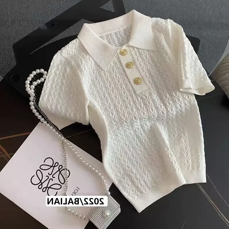 French High End Ice Silk Polo Shirt Women Summer Chic Thin Unique Jacquard Knitted Short Sleeve Loose White T-shirt Women Top