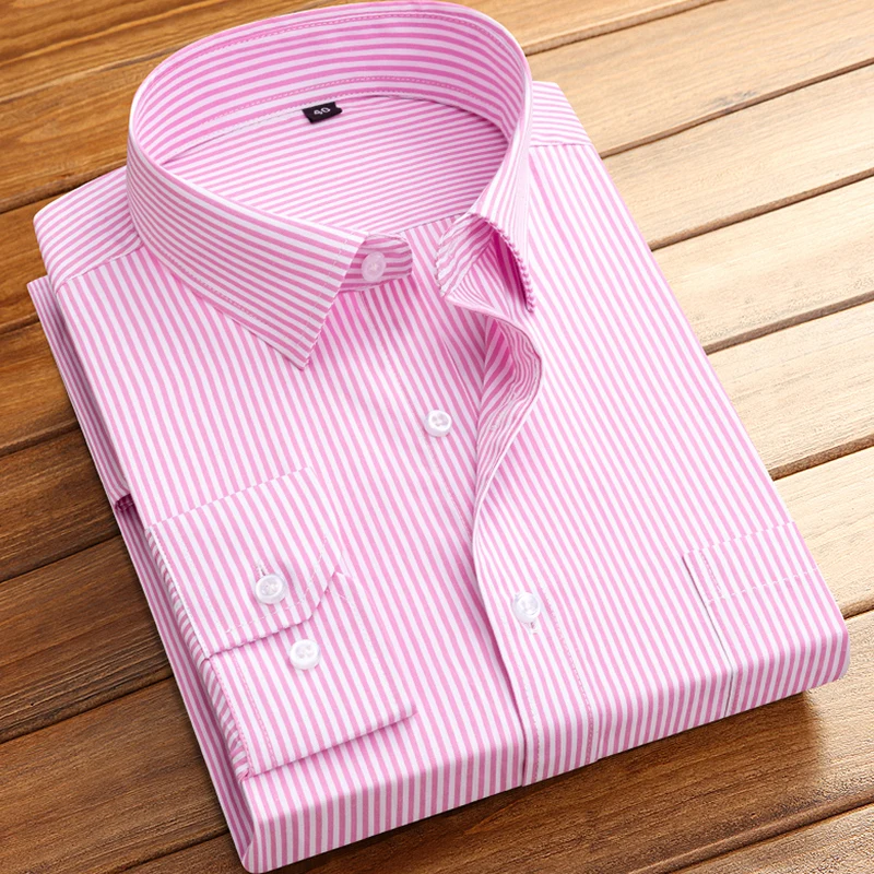 Men\'s formal shirt long-sleeved office solid color striped with pockets anti-wrinkle no-iron fashion business white shirt