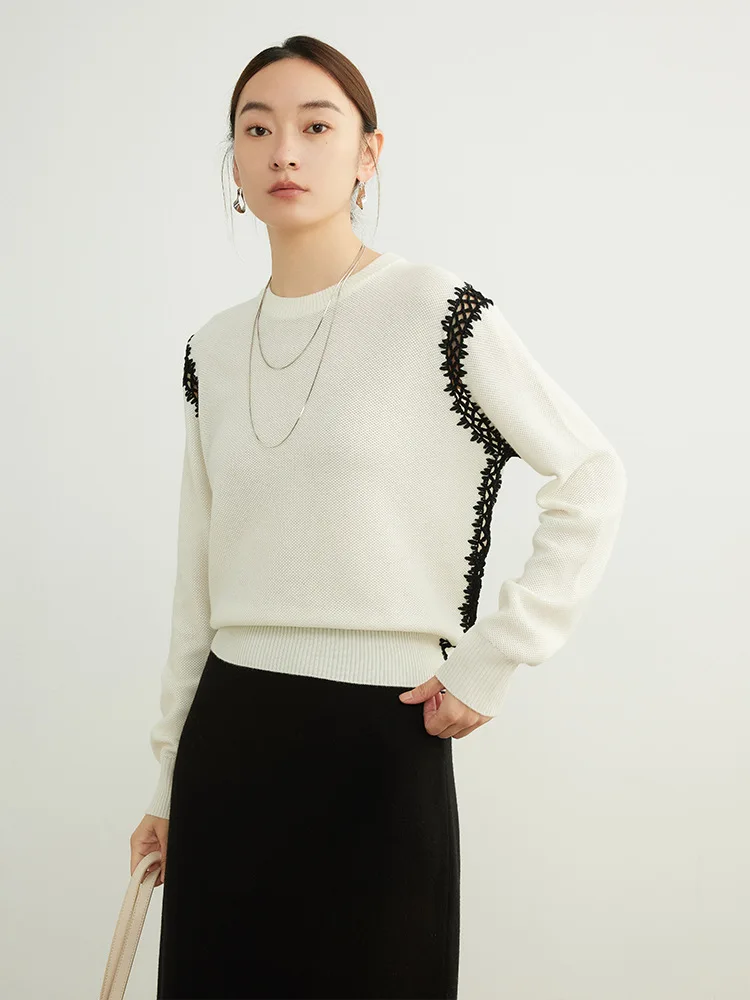 SuyaDream, Women Wool Pullovers, 32.4%Sheep Wool, Crochet lace, White Sweaters, 2024 Fall Winter Chic Top, Black