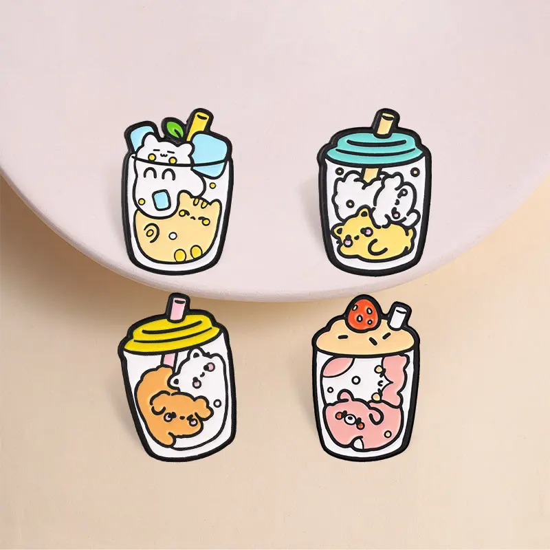 Cute Animal Bubble Tea Enamel Pins Cartoon Puppy Cat Rabbit Cup Kawaii Hippo Fox Frog Animal Brooches Lapel Badge Jewelry Gifts