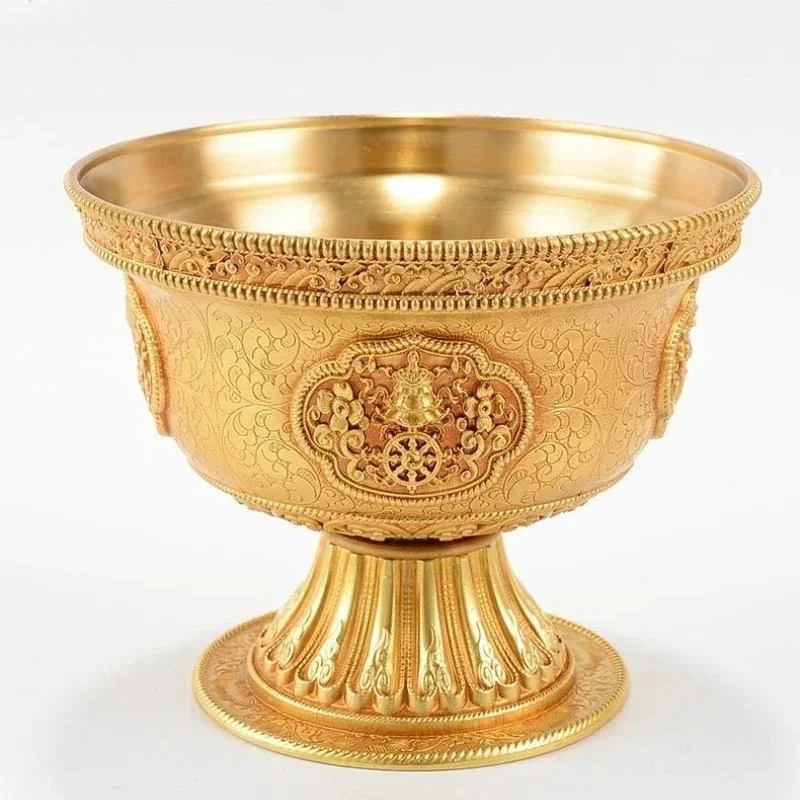 Copper gilding Holy water cup Tibetan Eight auspicious Worship buddha bowl ,Large size,15cm,10cm