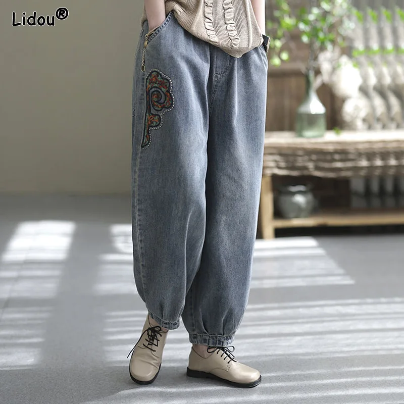 Loose Vintage Fashionable Korean High Waist Solid Color Embroidery Handsome Women's Clothing 2023 Thin Spring Summer Pockets