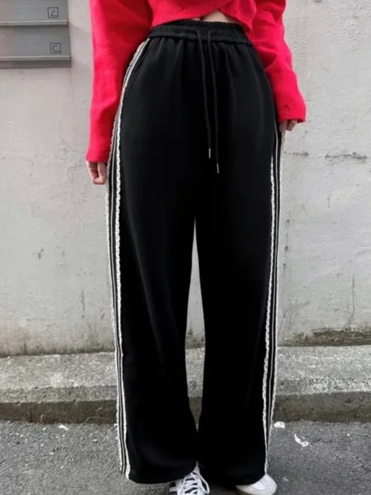 Spring New Style Women's Casual Pants Lace Splicing Stripes Loose Cuffed Sports Wide Leg Long Trousers Fashionable Commute Style