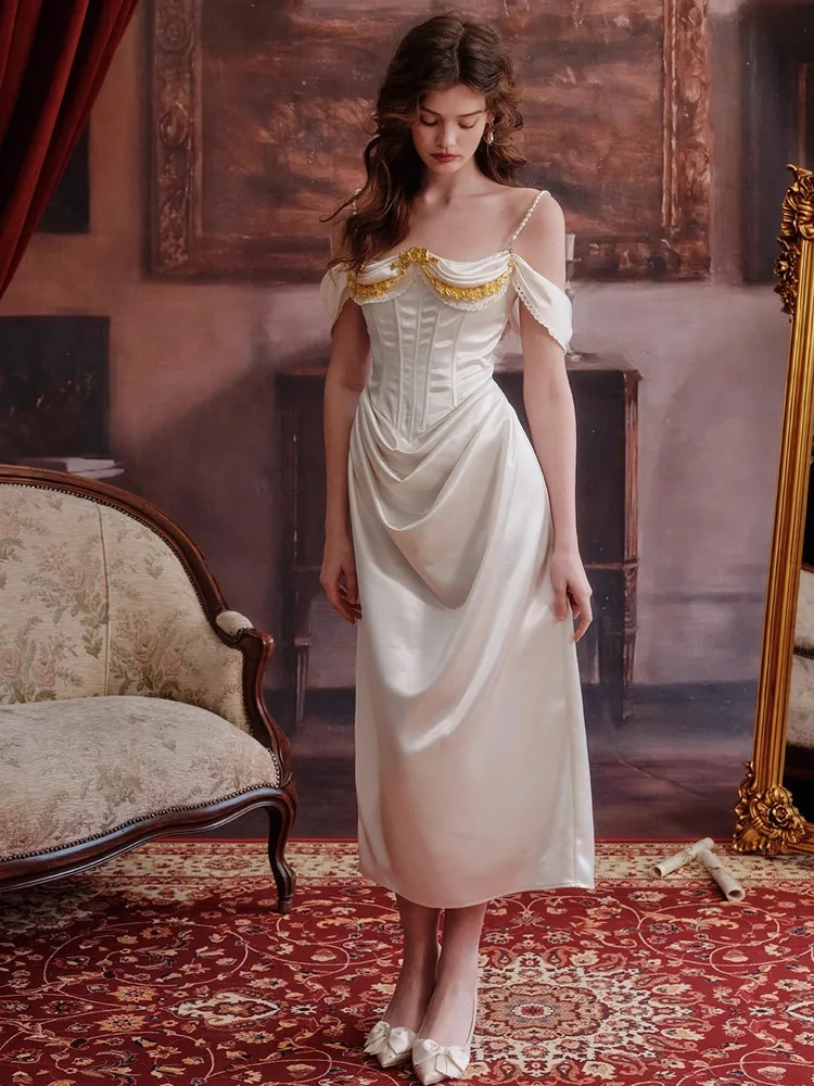 80-98cmBust ฤดูร้อนผ้าซาตินสีขาวชุดราตรี Vintage Elegant Slim เซ็กซี่ Backless ด้านหลัง Slit Strapless ชุด Brithday Party Dress