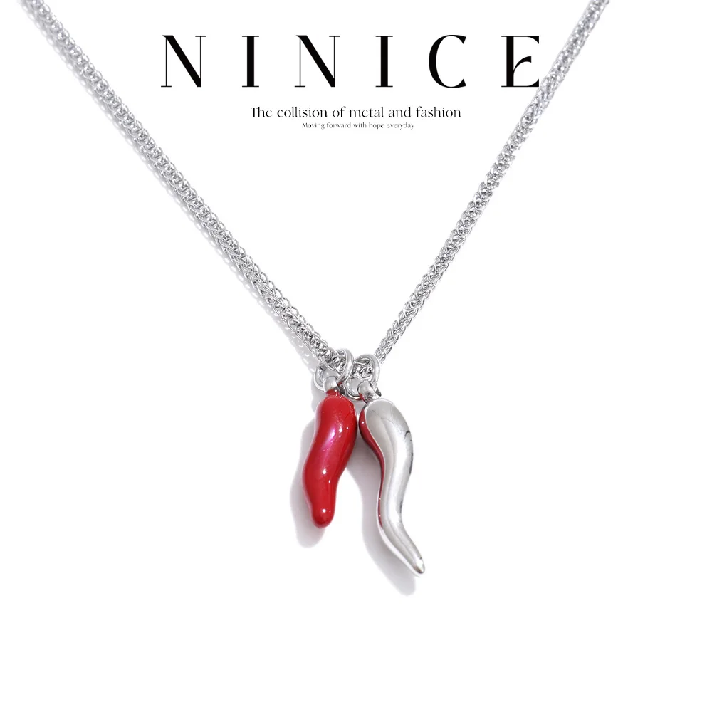 NiNice Stainless Steel Red Enamel Chili Pepper Pendant Necklace Stain Less Metal Hot Style Charm Collar Jewelry Gift