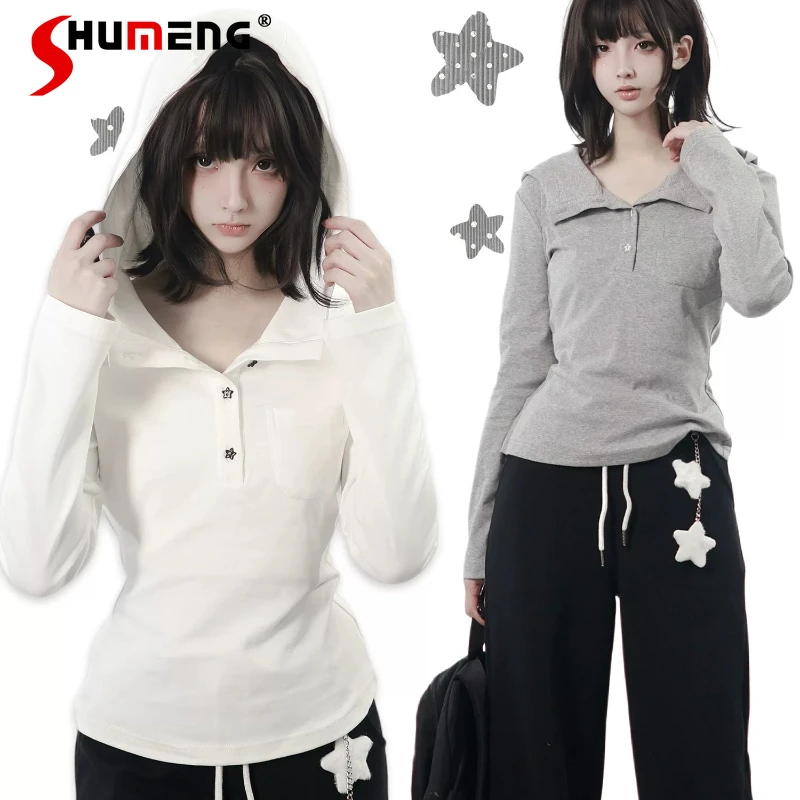 

Hooded Star Button Soft Cotton Long Sleeves Top Slim Fit Gray White Inner Wear Casual T-shirt Pullover Y2k Solid Color Pullover