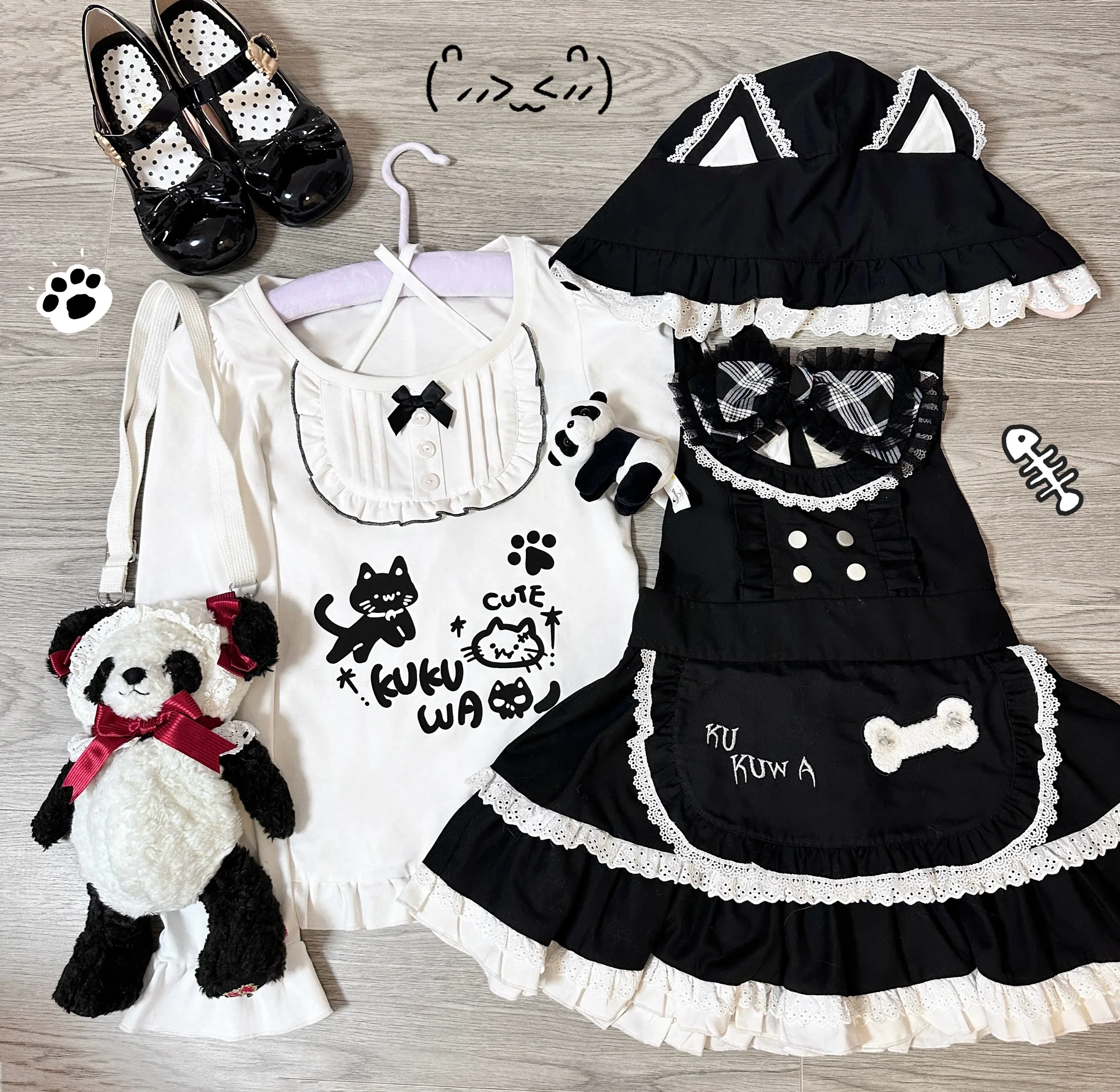 

2025 Subcultural Cute Print Long-sleeved White T-shirt Sets Kawaii Cat Ear Lace Hat Strap Skirt 2 Piece Set Women's Sweet Outfit