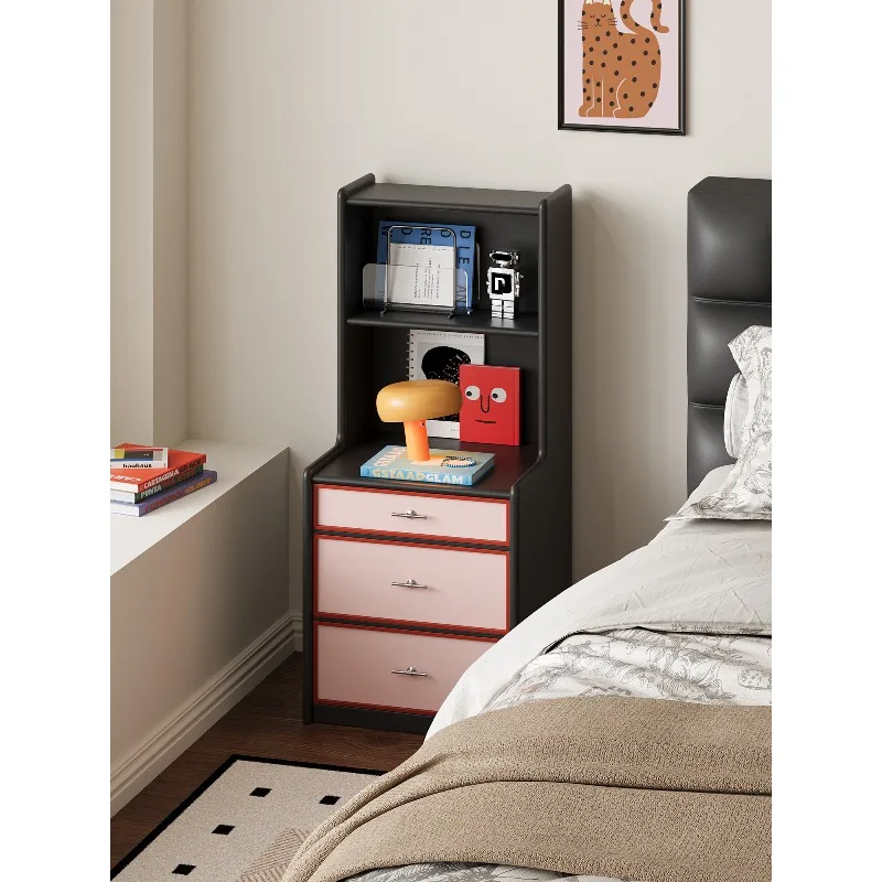 bedside table, simple and modern bedroom multi-functional storage bookcase, pink and black contrasting color integrated locker,