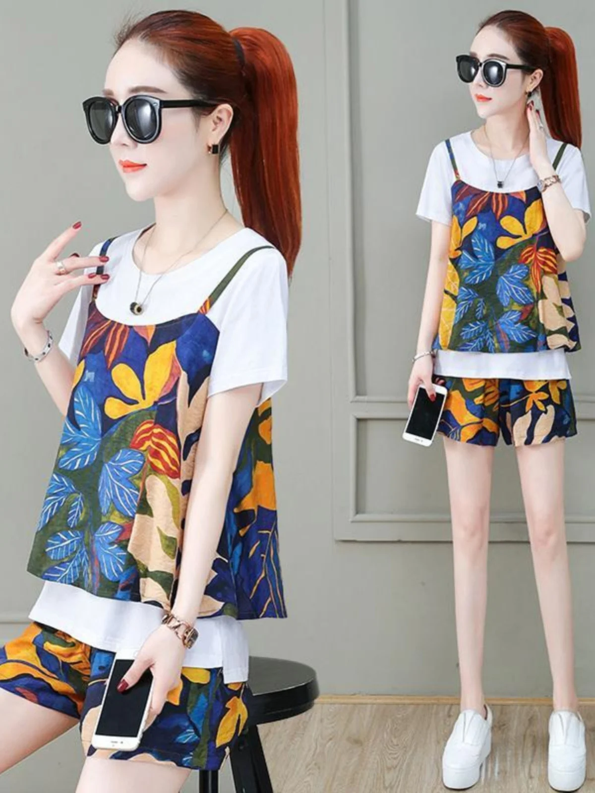 

Summer 2026 plus Size Women's Loose T-Shirt Floral Fashion Set Slimming Short Sleeve Shorts Two-Piece Set Casual round Neck
