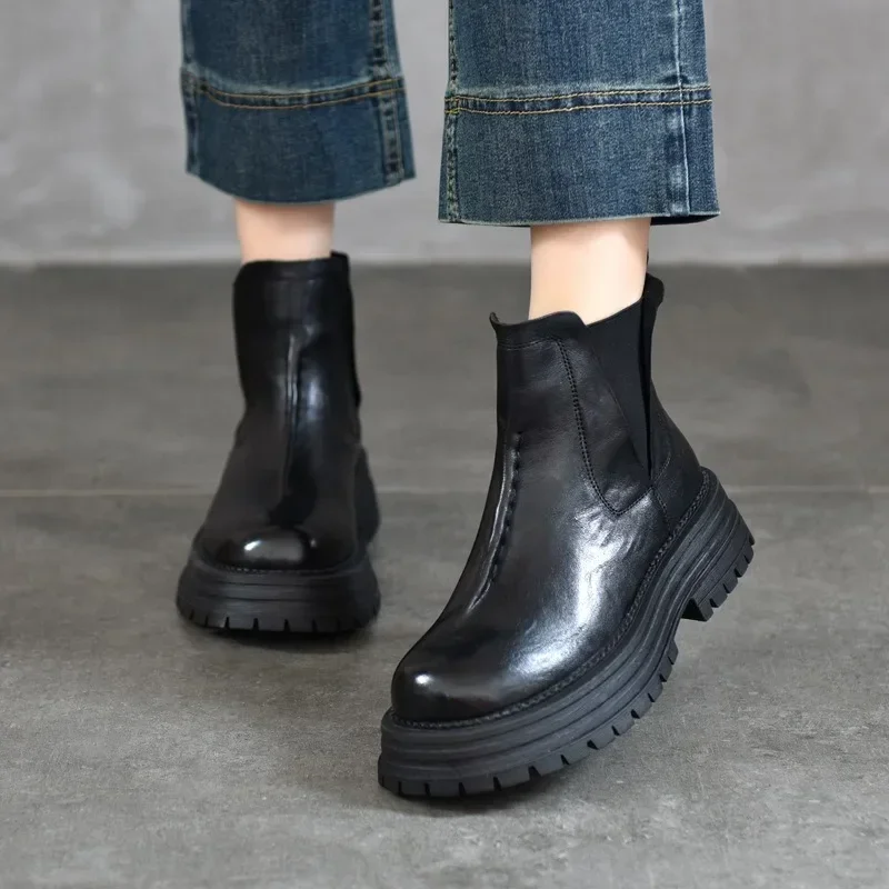 Birkuir retro plataforma plana de pelúcia chelsea botas para mulheres deslizamento em botas de neve 2024 couro genuíno luxo botas de tornozelo de salto grosso