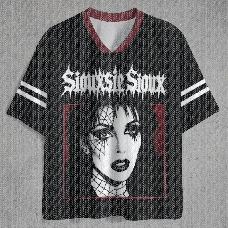 V Neck Black White Striped Mesh Jersey T Shirt Gothic Woman Face Graphic Number 78 Front Back Sleeve Retro Punk Streetwear Top view 2