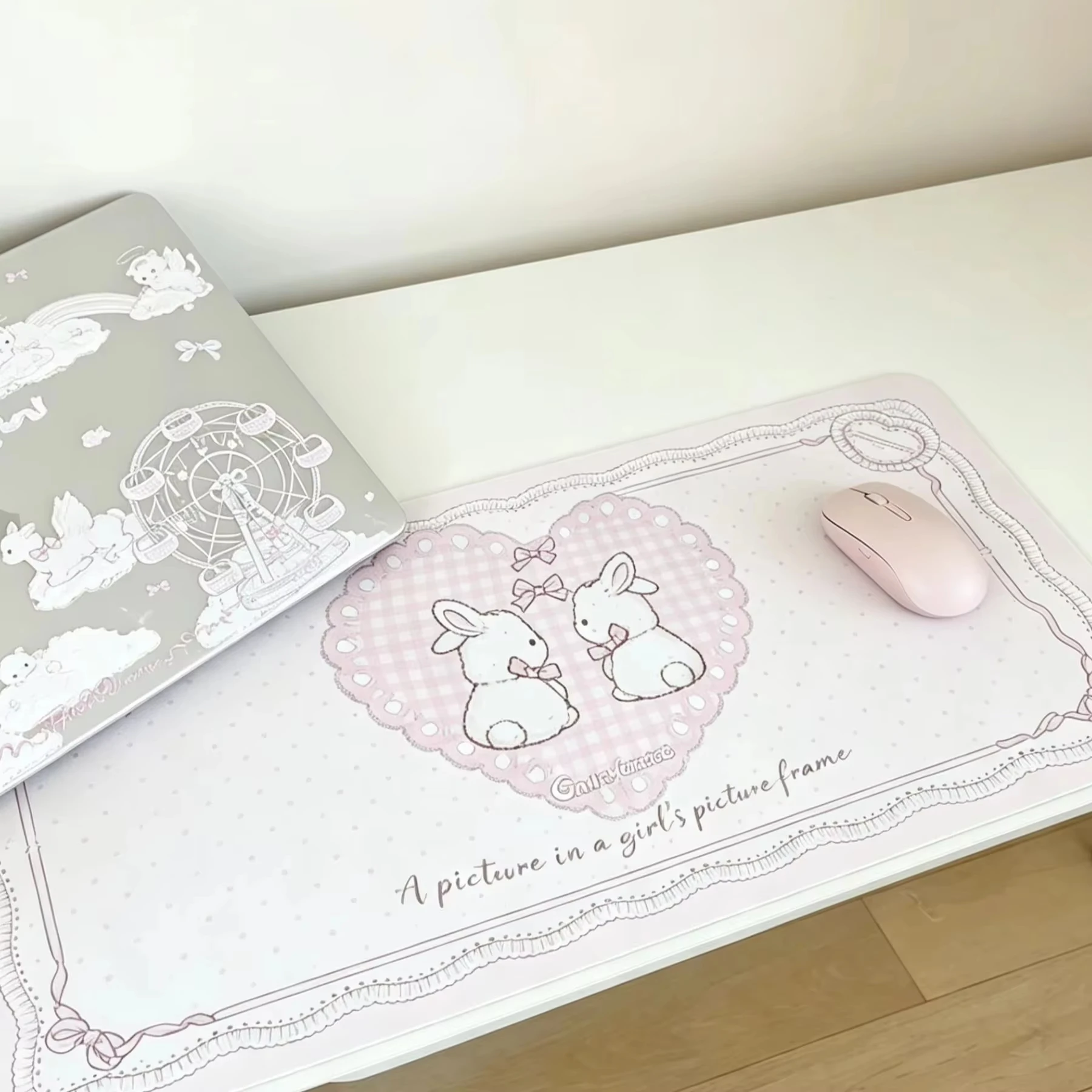 PU Leather Mouse Pad Japan Anime Sweet Pink Girl Lace Bunny Mouse Pad Office Desk Mat Waterproof Non-Slip PU Desk Blotter Pad