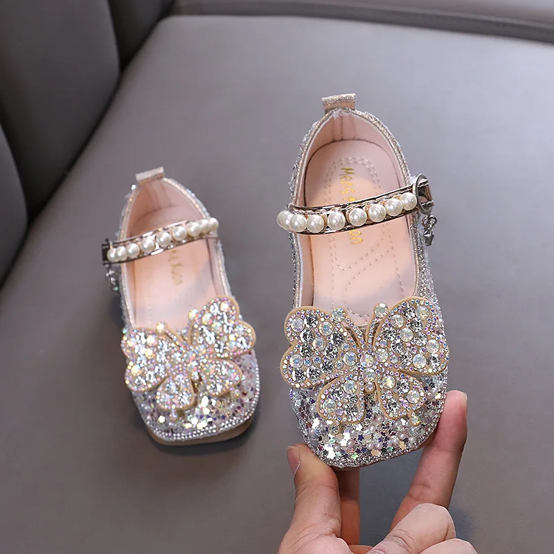 Girls Princess Leather Shoes Sweet Rhinestone Butterfly Kids Causal Wedding Party Shoes Fashion Shallow Sequins Children Shoes