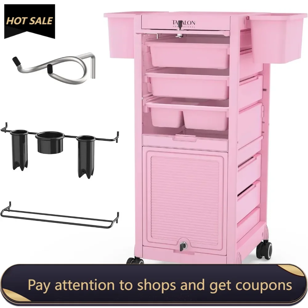 

Lockable Beauty Salon Cart - Salon Stations for Hair Stylist, Salon Trolley with 6 Drawers and Tool Holders, Rolling Cart Pink