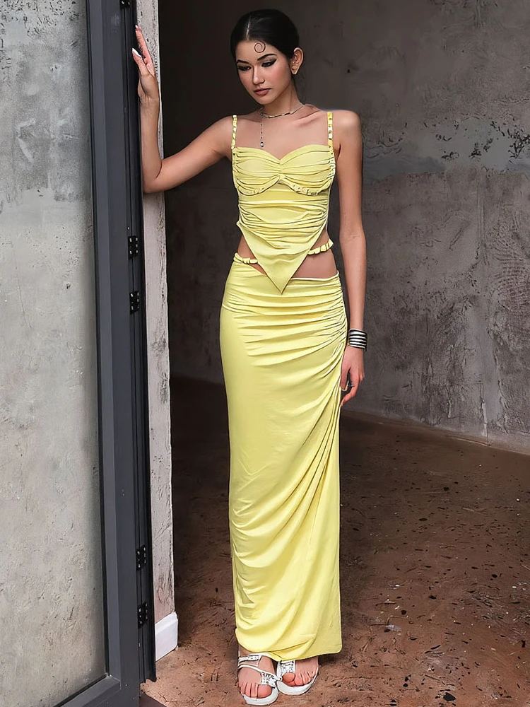 Sisterlinda 우븐 스트랩 2 피스 세트 여름 휴가 스플 라이스 불규칙한 플리츠 캐미솔 + 슬래시 허리 맥시 스커트 코디네이트 의상