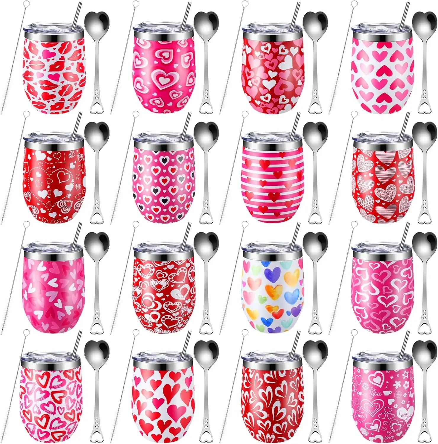 

16 Pcs Valentine's Day Tumblers Bulk 12 oz Stainless Steel Wine Tumbler with Heart Spoon Straw and Brush Red Pink Double Wall In