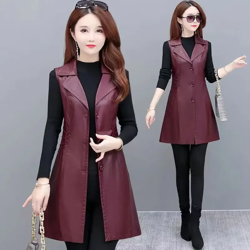 Faux purple Leather Vest Women\'s Clothing 2023 PU Jacket Korean Solid Sleeveless Vest Mid Long Coat Female Waistcoat Outerwear