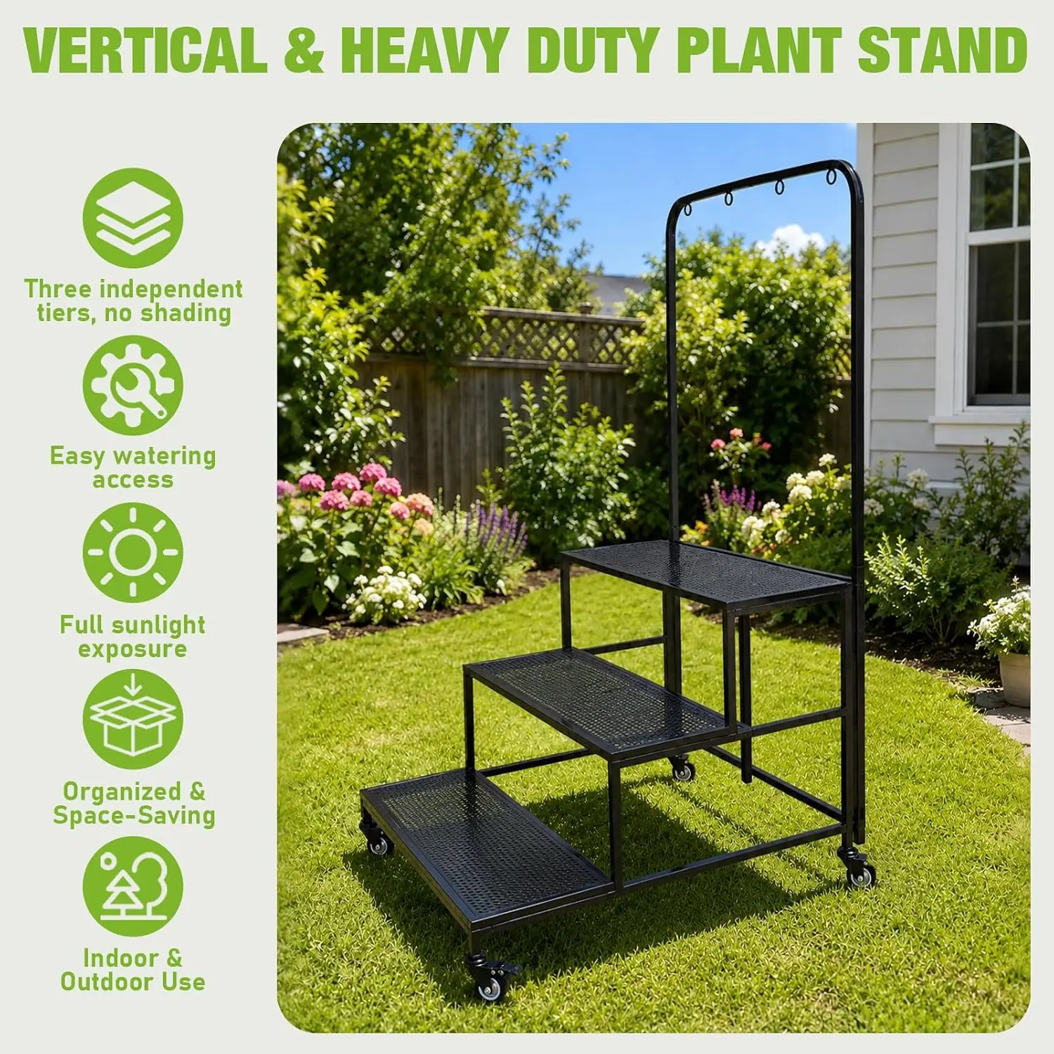 Vertical Garden Bed Mobile Raised Planter Stand Folding Plant Container With Wheels Fabric Grow Bags Metal Frame For Herb Vegetables Flowers Backyard Patio Deck Indoor Outdoor Use Black view 5
