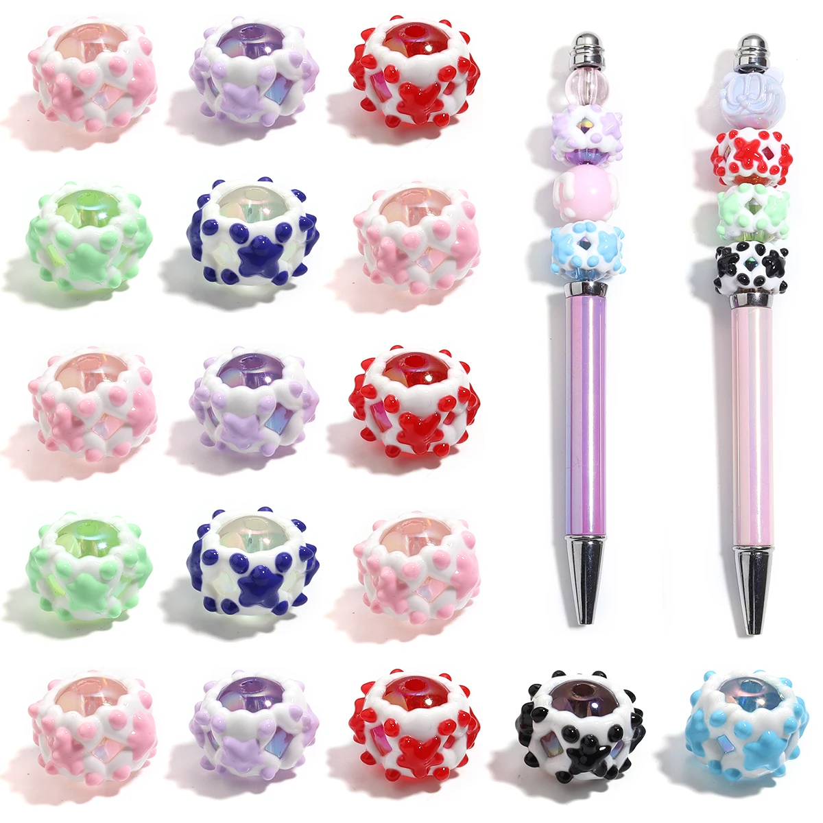 5Pcs Acrylic Beads Round Colorful Hand-painted Five-pointed Star Loose Bead For DIY Jewelry Making Key Chain Bead Pen Supplies