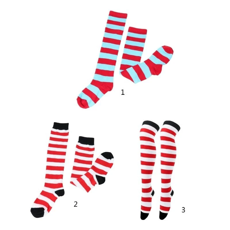 R1WE Women Striped Knee High Socks Xmas-Thigh High Socks Leg Warmers for Kid Adults
