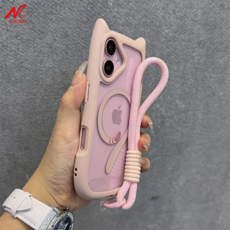 Cute Cat Ear Magsafe Case for iPhone 13 14 15 16 Pro Max 11 12 15 16 Plus Transparent PC TPU Armor Cover with Wrist Strap Chain