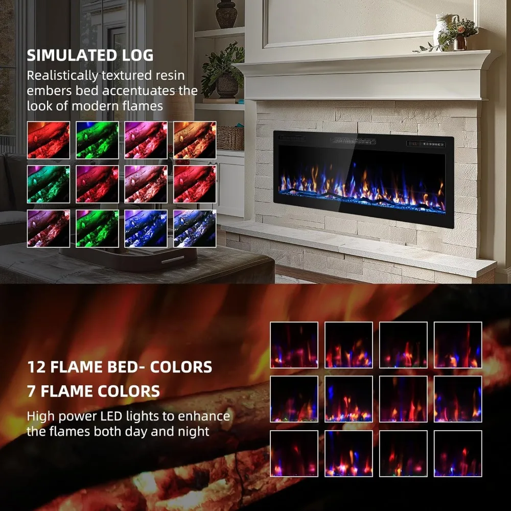 Wide Screen Electric Fireplace with Ultra Narrow Bezel, HD Flame Effect, Modern Wall Mounted Fuel Bed Logs for Contemporary Home
